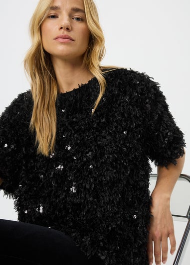 Black Fluffy Sequin Top
