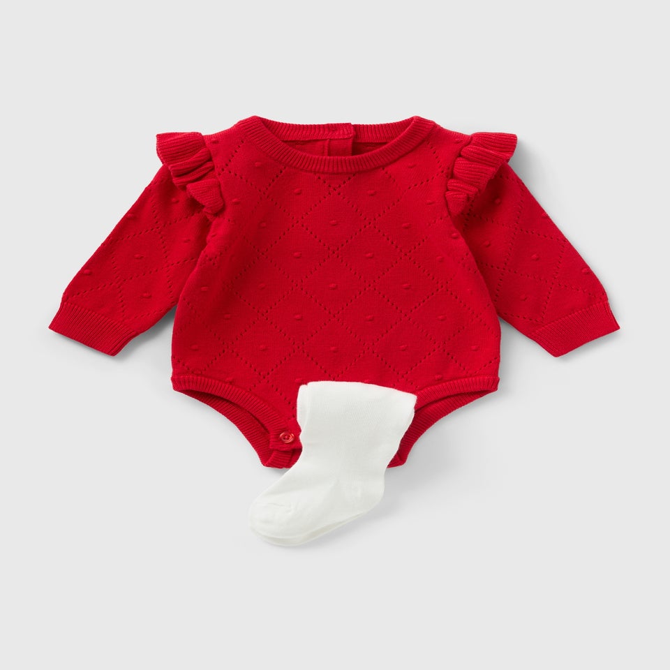 Baby Red Knitted Romper & Tights Set (Newborn-23mths)