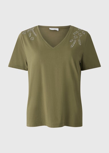 Khaki V-Neck Embellished T-shirt