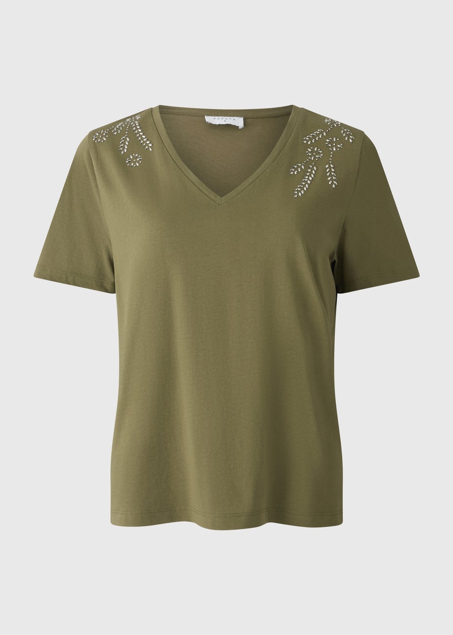 Khaki V-Neck Embellished T-shirt