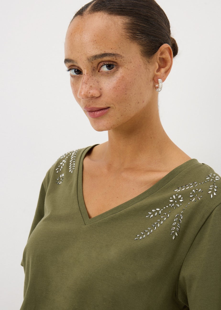 Khaki V-Neck Embellished T-shirt