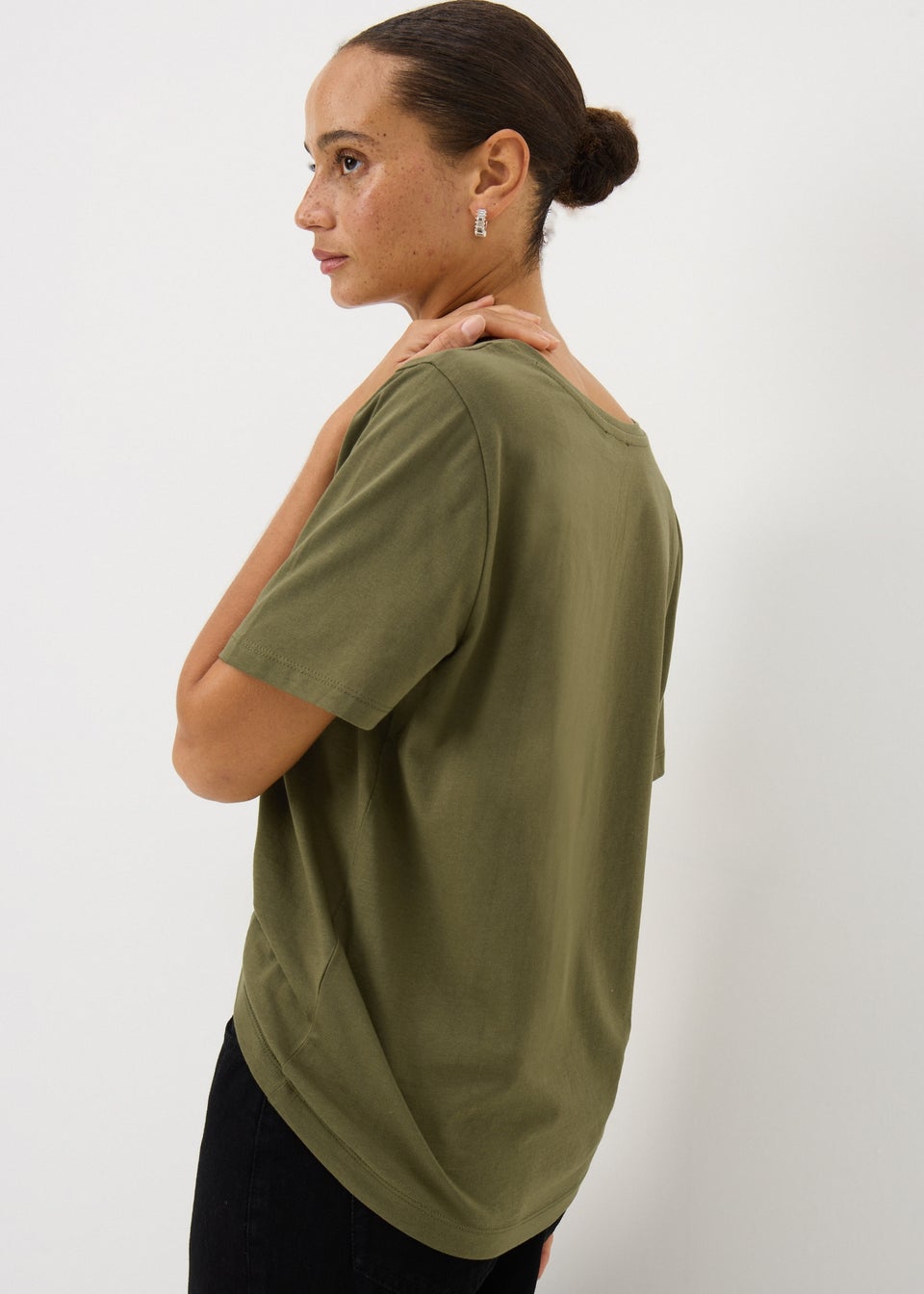 Khaki V-Neck Embellished T-shirt
