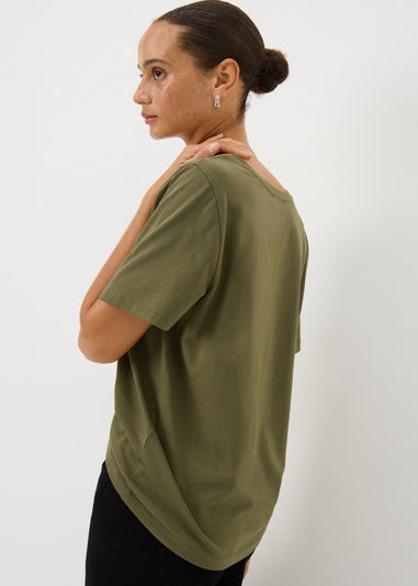 Khaki V-Neck Embellished T-shirt