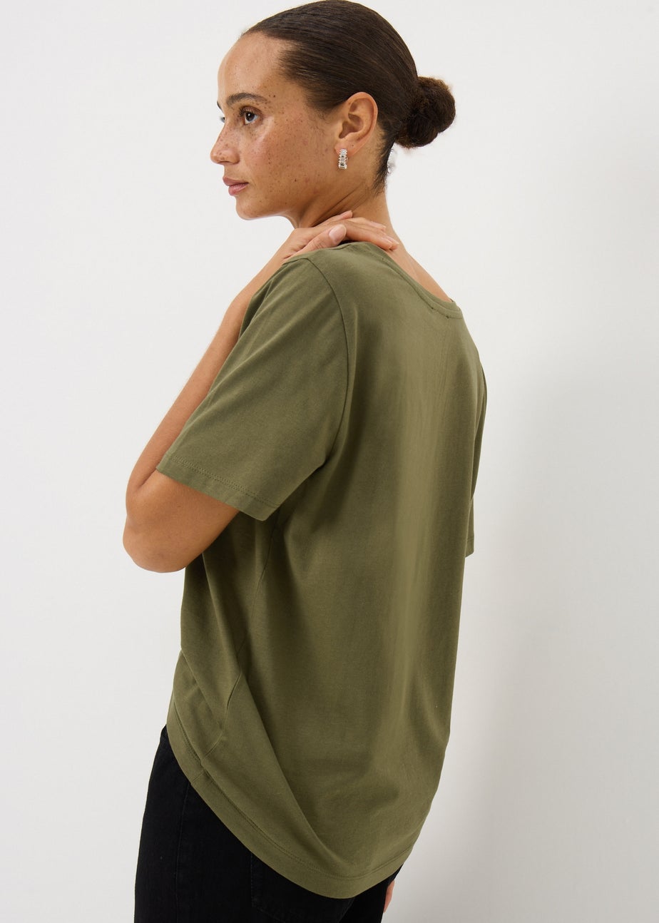 Khaki V-Neck Embellished T-shirt