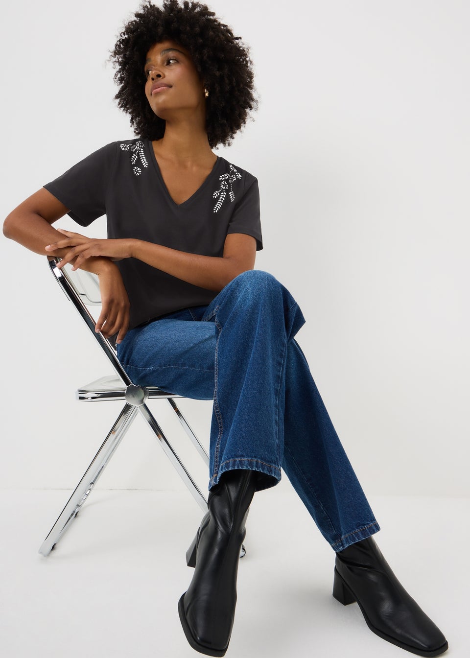 Black Embellished V Neck T-Shirt