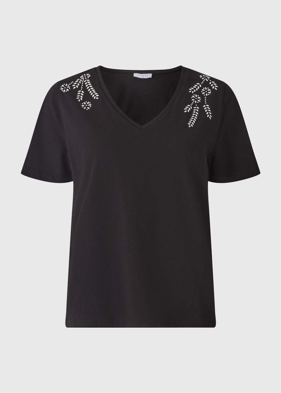 Black Embellished V Neck T-Shirt