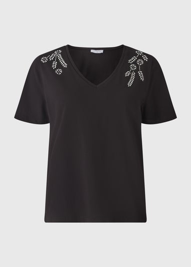 Black Embellished V Neck T-Shirt
