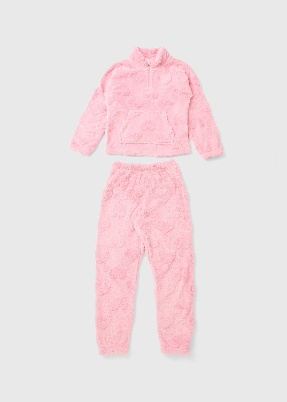 Girls Pink Heart Fleece Zip Pyjama Set (4-13yrs)