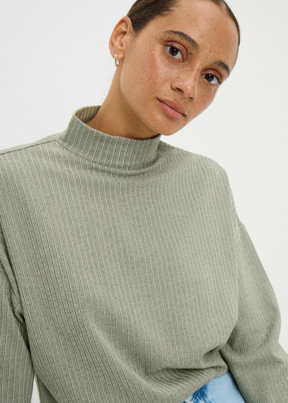 Green Ribbed Long Sleeve High Neck Top