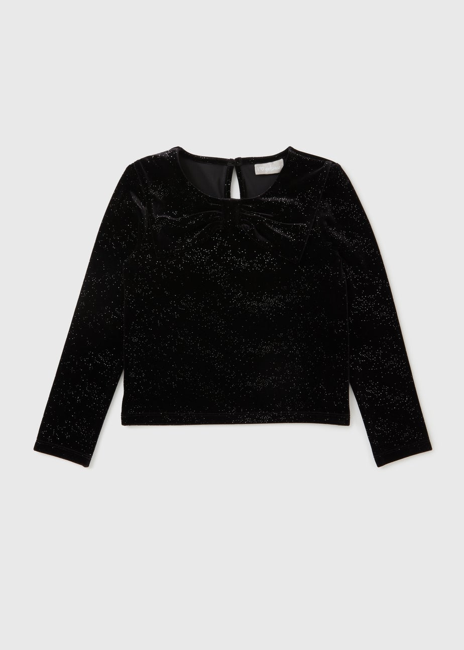 Girls Black Velour Glitter Bow Top (7-15yrs)