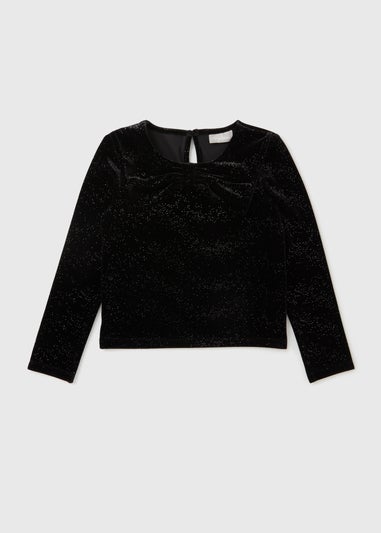 Girls Black Velour Glitter Bow Top (7-15yrs)
