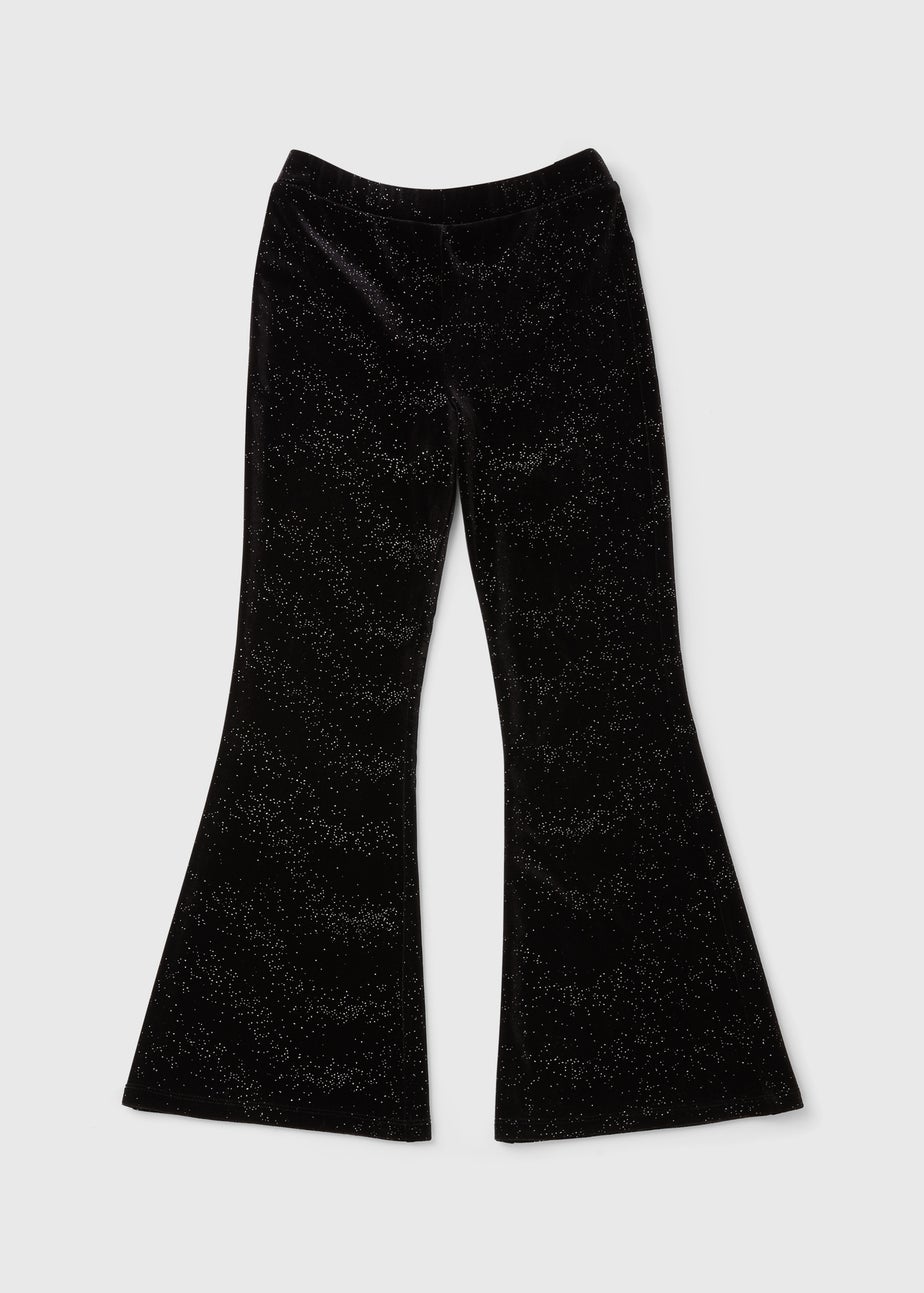 Girls Black Velour Glitter Flare Leggings (7-15yrs)
