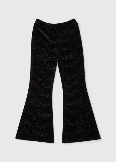 Girls Black Velour Glitter Flare Leggings (7-15yrs)