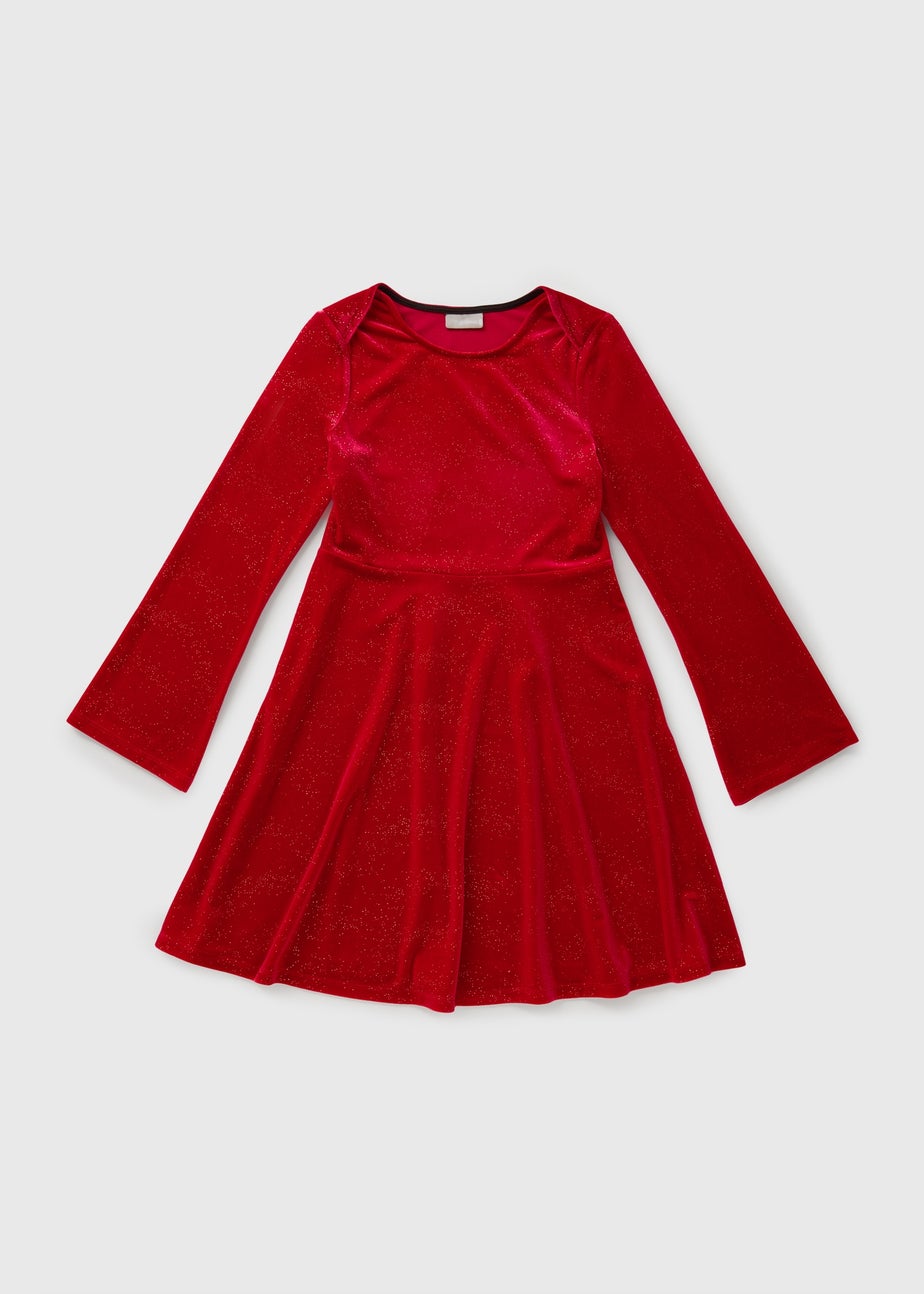 Girls Red Velvet Glitter Dress (7-15yrs)