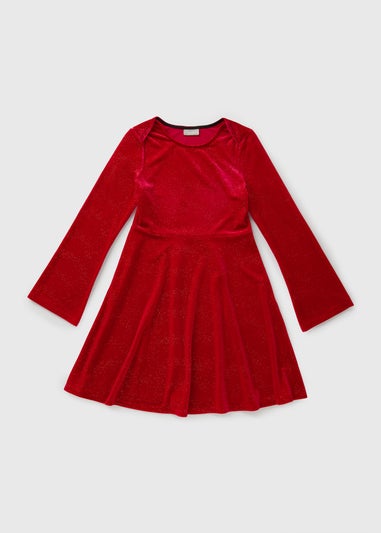 Girls Red Velvet Glitter Dress (7-15yrs)