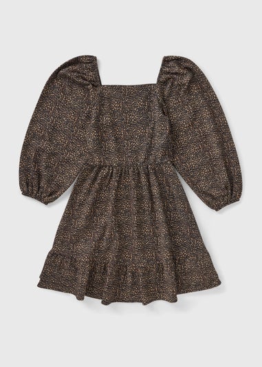 Girls Brown Leopard Tiered Dress (7-15yrs)