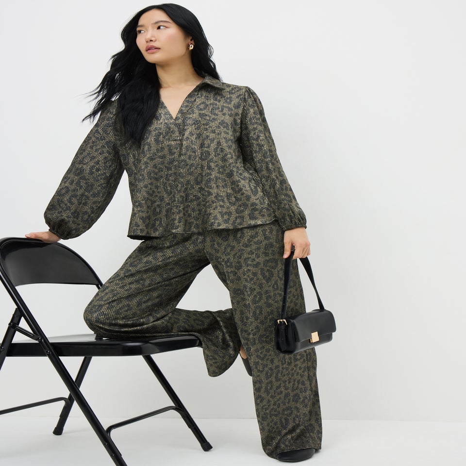 Gold Plisse Leopard Co Ord Blouse