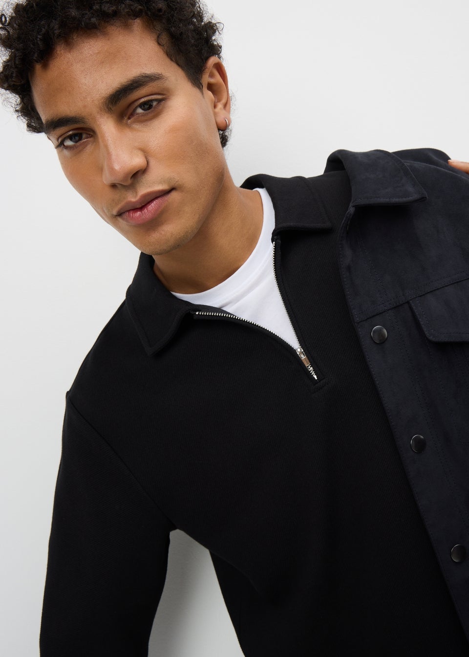 Black Twill Long Sleeve Polo Top