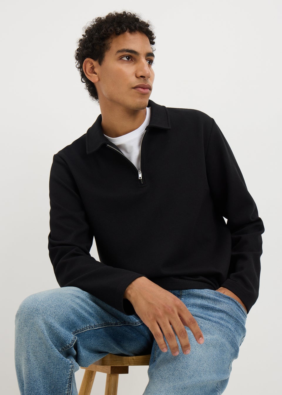 Black Twill Long Sleeve Polo Top