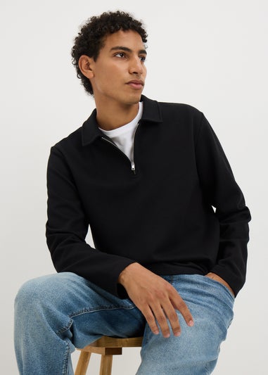 Black Twill Long Sleeve Polo Top