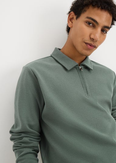 Green Long Sleeve Twill Polo Top