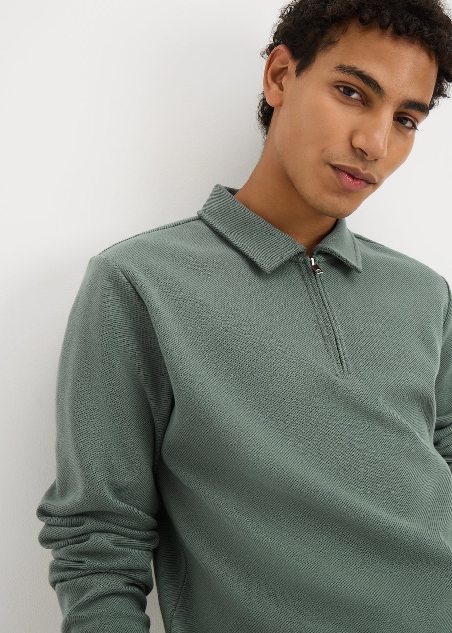 Green Long Sleeve Twill Polo Top