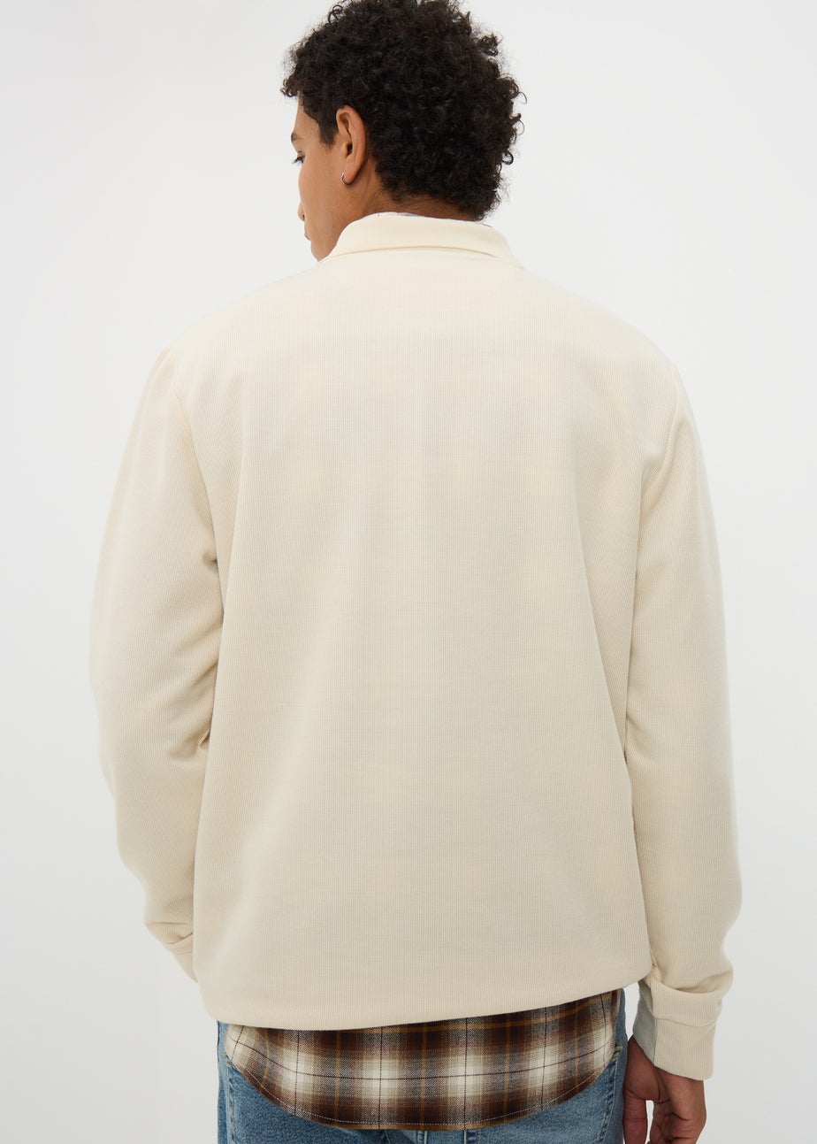 Cream Ribbed Long Sleeve Polo Top