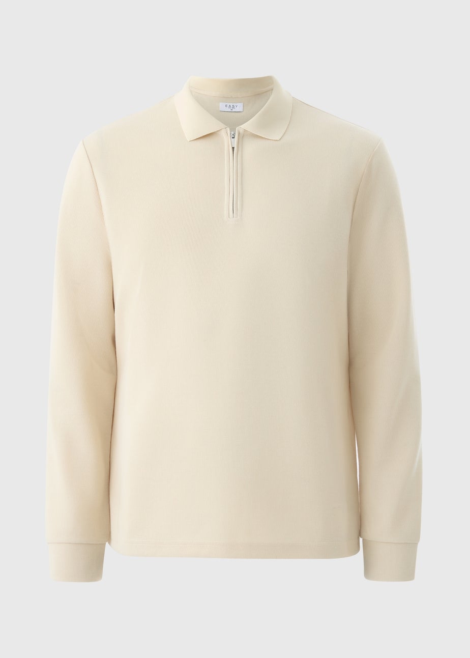 Cream Ribbed Long Sleeve Polo Top