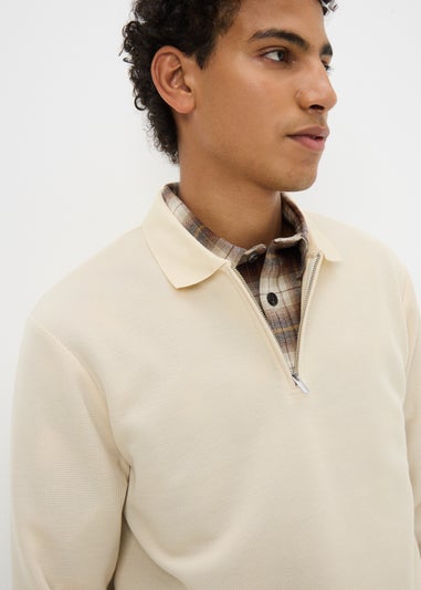 Cream Ribbed Long Sleeve Polo Top