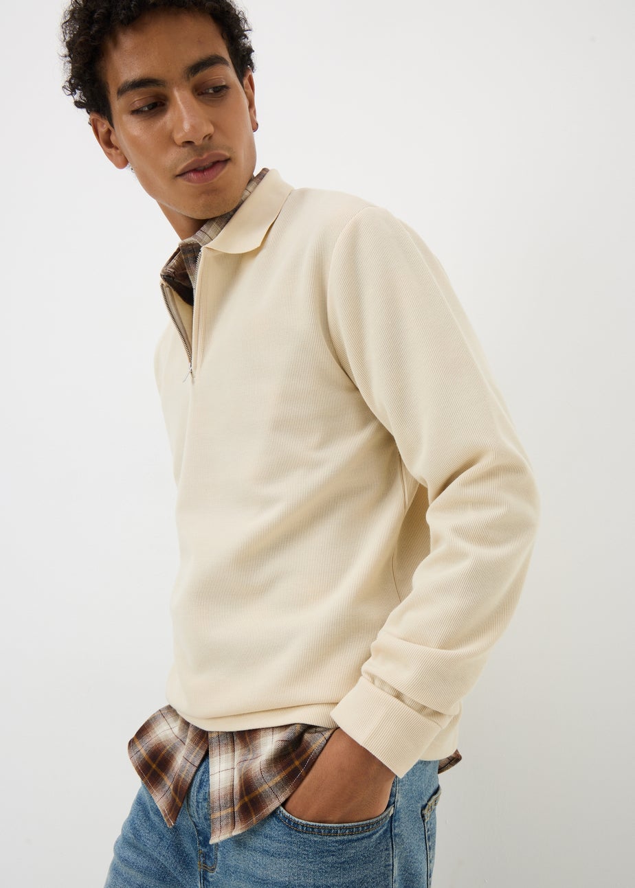 Cream Ribbed Long Sleeve Polo Top