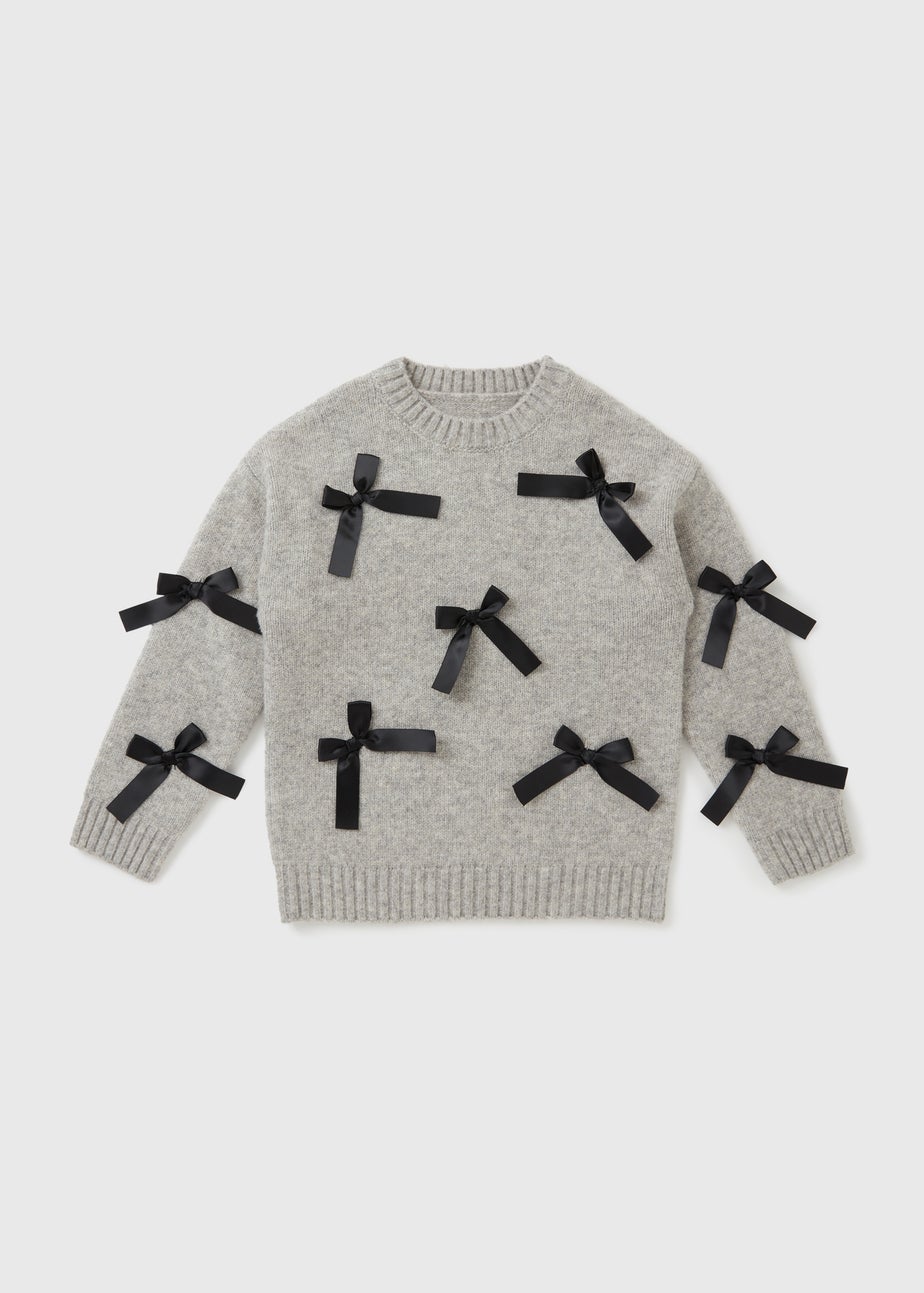 Girls Grey Satin Bow Jumper (7-15yrs)