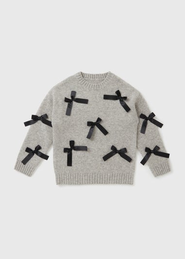 Girls Grey Satin Bow Jumper