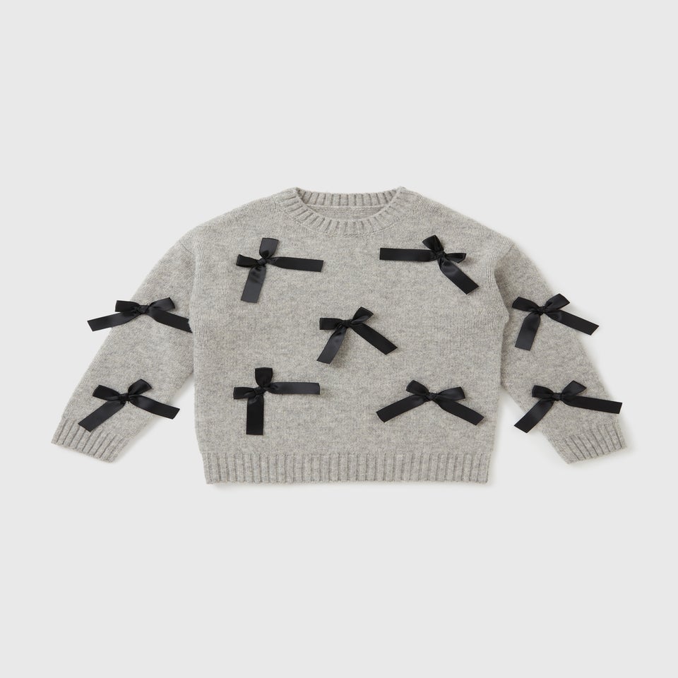 Girls Grey Satin Bow Jumper