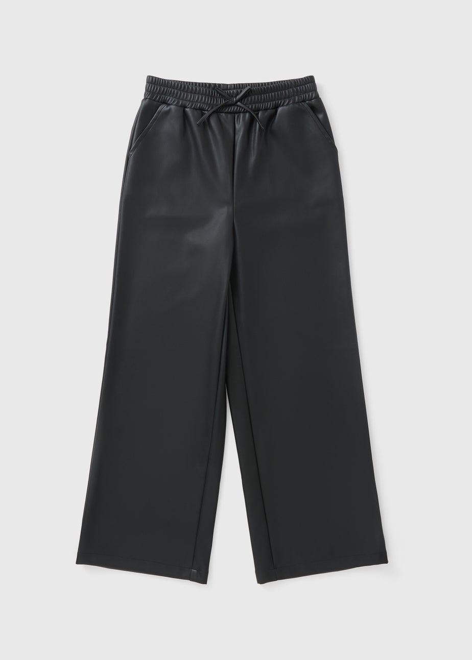 Girls Black Faux Leather Wide Leg Trousers (7-15yrs)