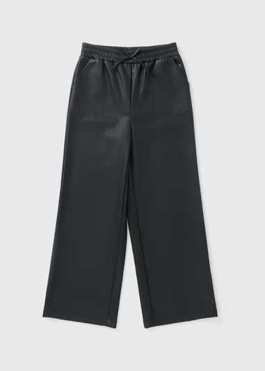Girls Black Faux Leather Wide Leg Trousers (7-15yrs)