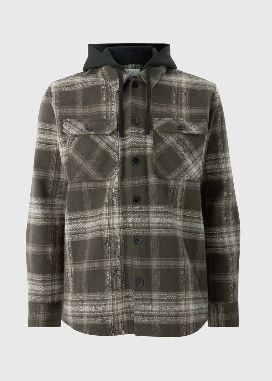 Khaki Hooded Check Shacket