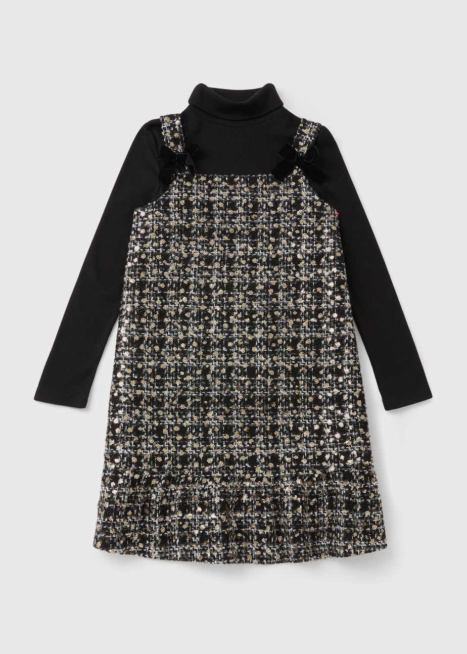 Girls Black Mono Boucle Pinafore & Top Set (7-15yrs)