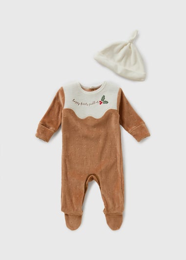 Baby Beige Christmas Pudding Sleepsuit & Hat Set (Newborn-23mths)