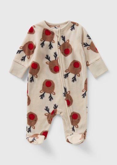 Baby Cream Reindeer Fleece Babygrow (Newborn-23mths)