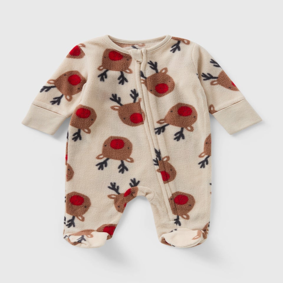Baby Cream Reindeer Fleece Babygrow (Newborn-23mths)