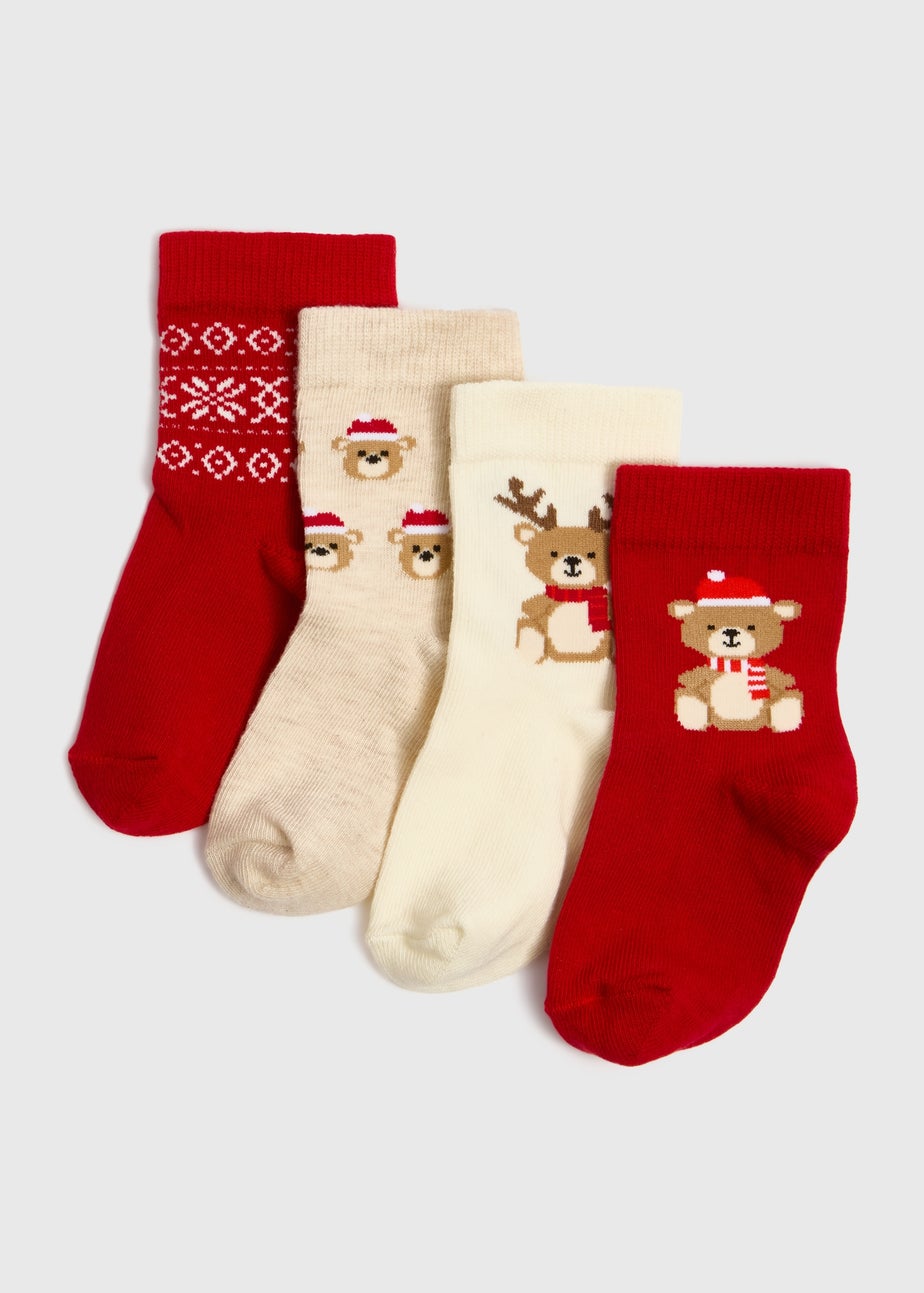 4 Pack Baby Red Christmas Bear Socks (Newborn-24mths)