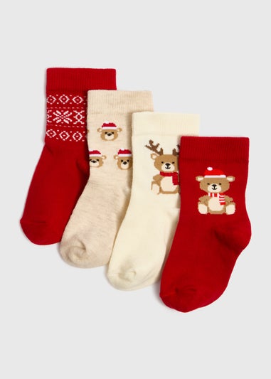 4 Pack Baby Red Christmas Bear Socks (Newborn-24mths)
