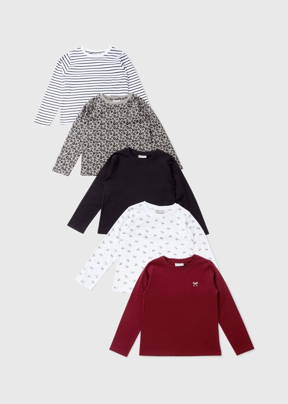 5 Pack Girls Multicolour Bow Long Sleeve Tops (7-15yrs)