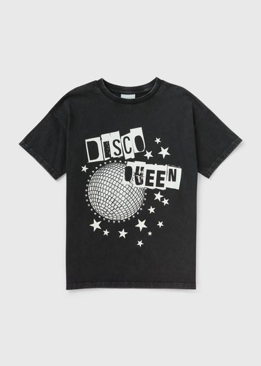 Girls Black Acid Wash Discoqueen T-Shirt (7-15yrs)