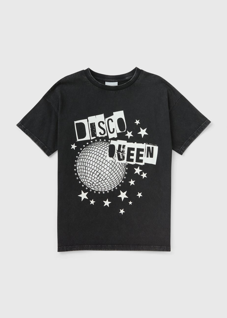 Girls Black Acid Wash Discoqueen T-Shirt (7-15yrs)