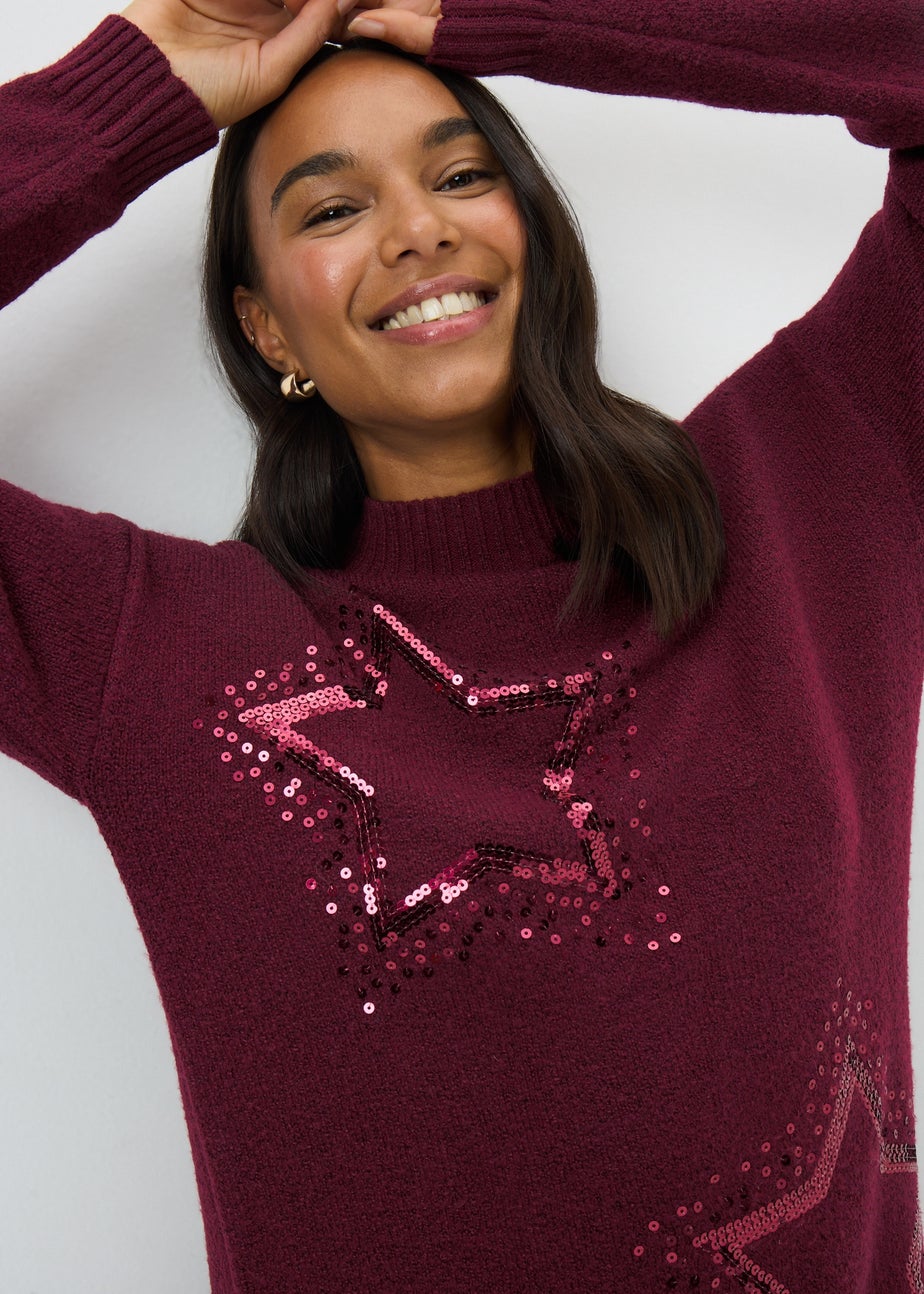 Burgundy Sequin Star Tunic Jumper Dress