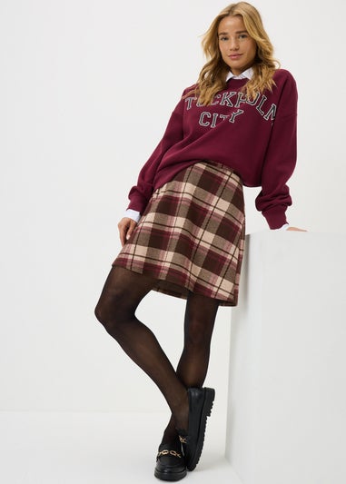 Burgundy Check Flare Mini Skirt