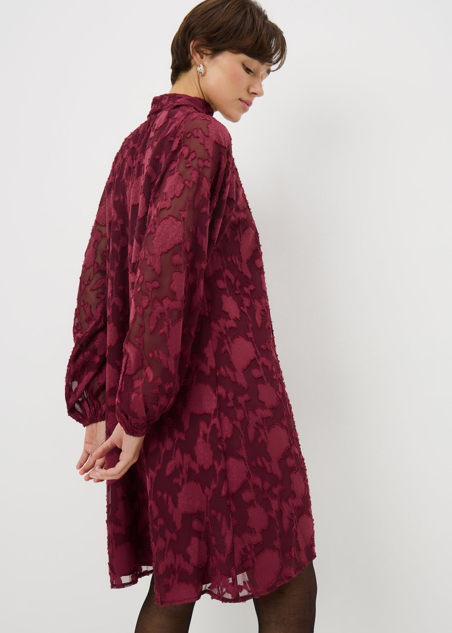 Burgundy Jacquard Tie Neck Mini Smock Dress