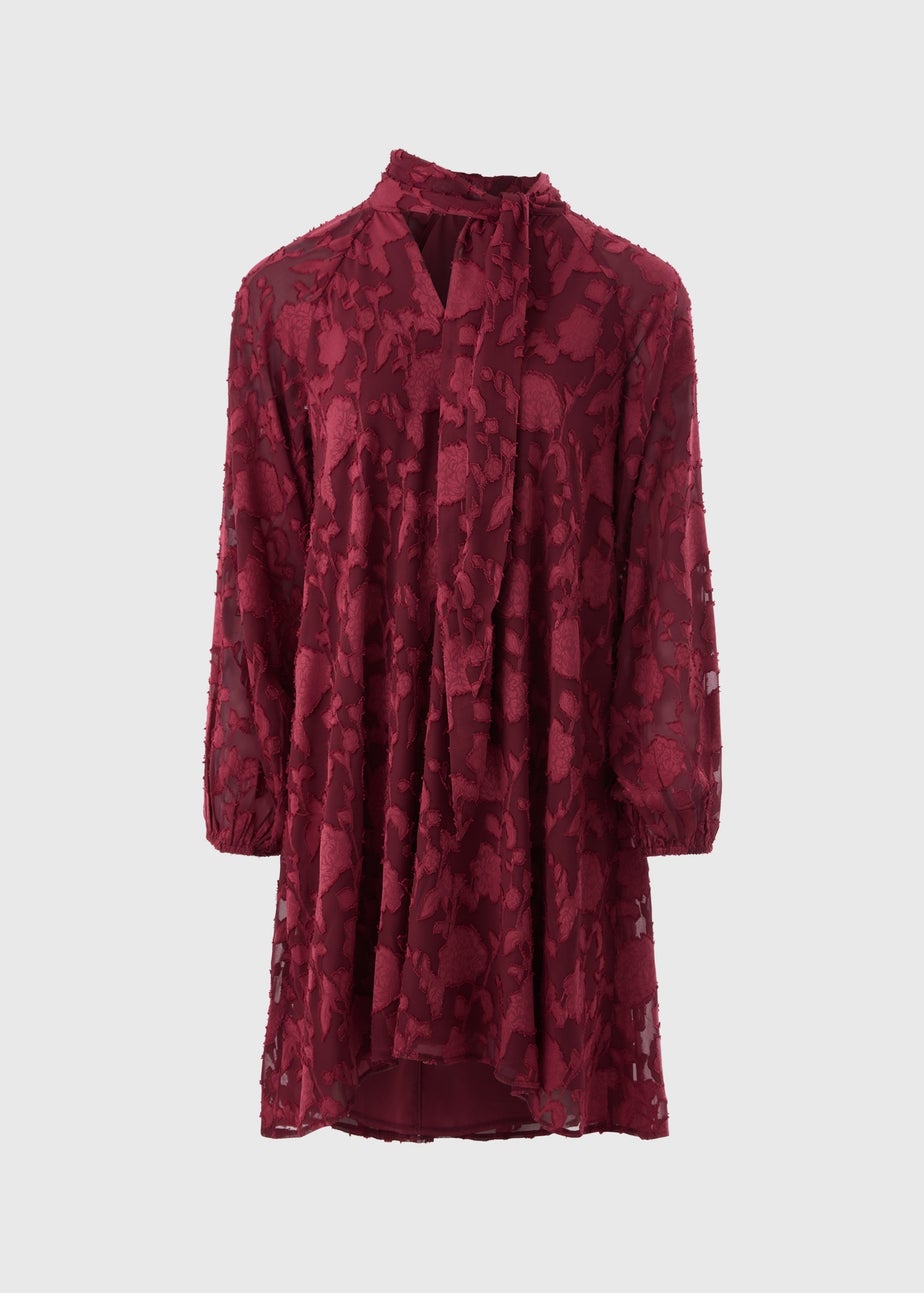 Burgundy Jacquard Tie Neck Mini Smock Dress