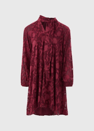 Burgundy Jacquard Tie Neck Mini Smock Dress